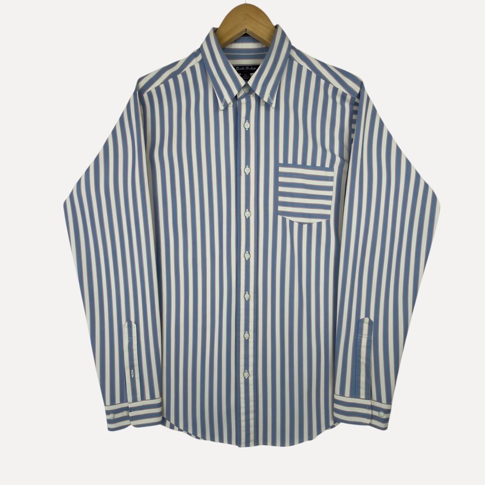Brooks Brothers Fleece Shirt Mens XL Blue Ivory Stripe Oxford Button Down Cotton